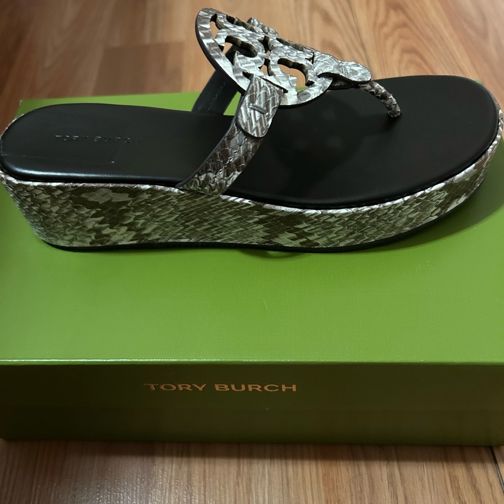 Tory Burch Black and Silver Wedge Sandals